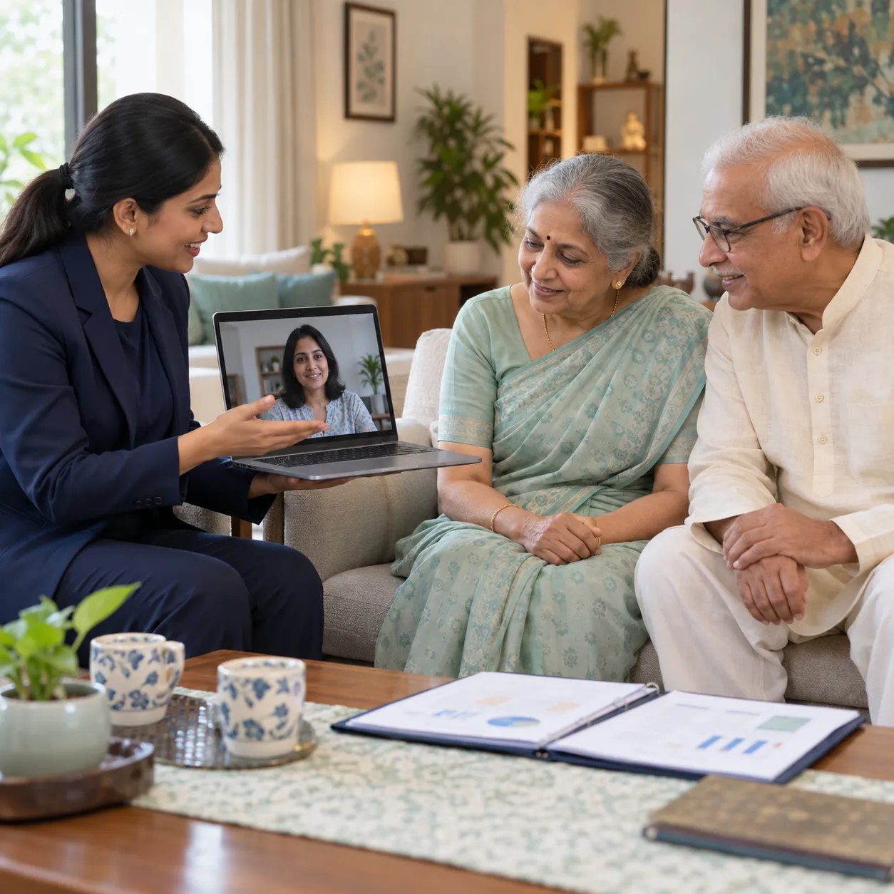 A family reviewing care updates together
