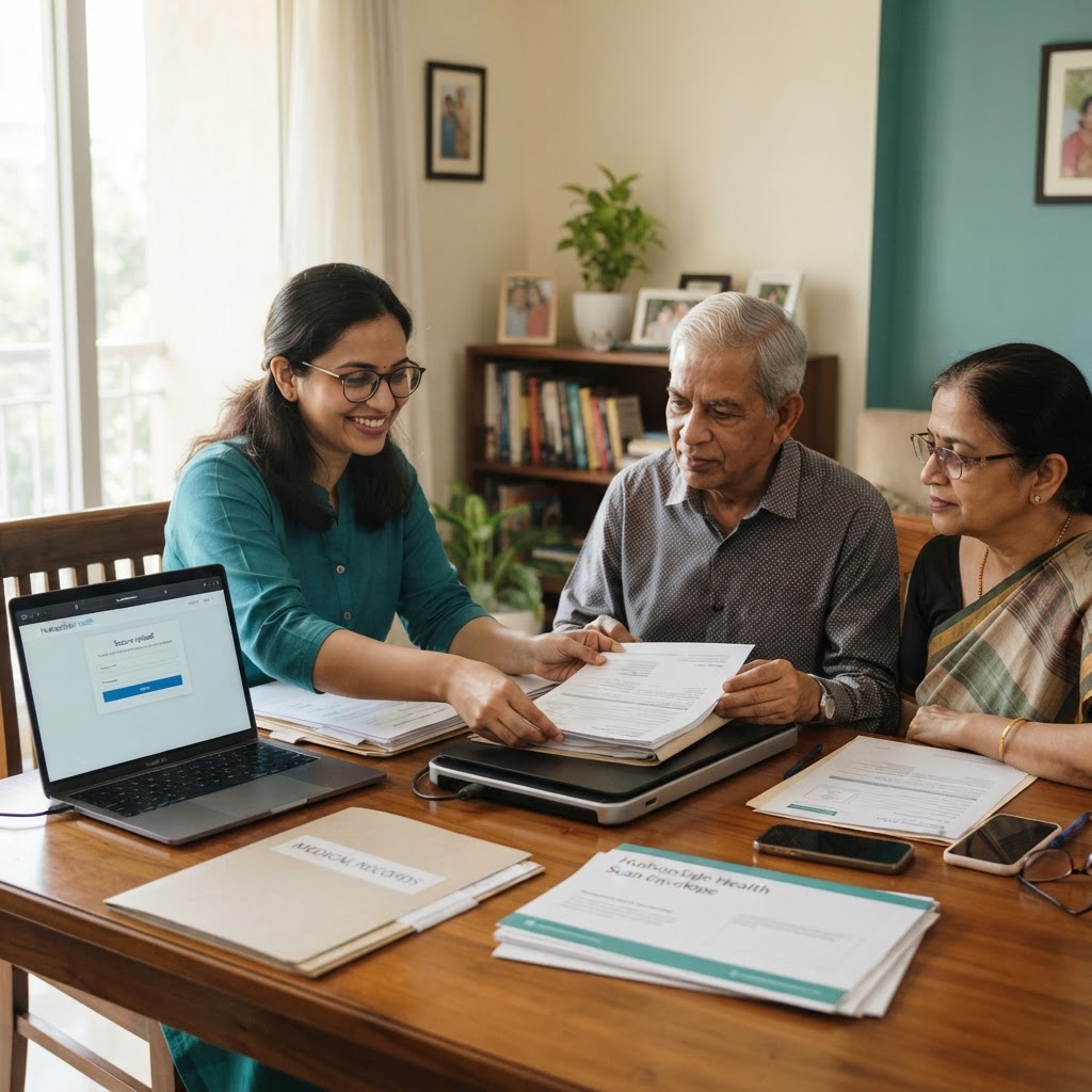 A relationship manager reviewing medical records with an older Indian couple