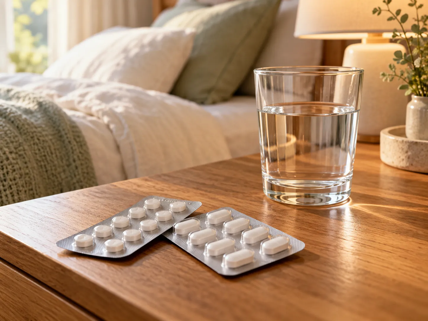 Medicines and water beside a bed