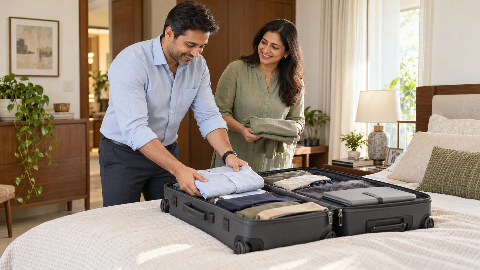An executive couple preparing for travel