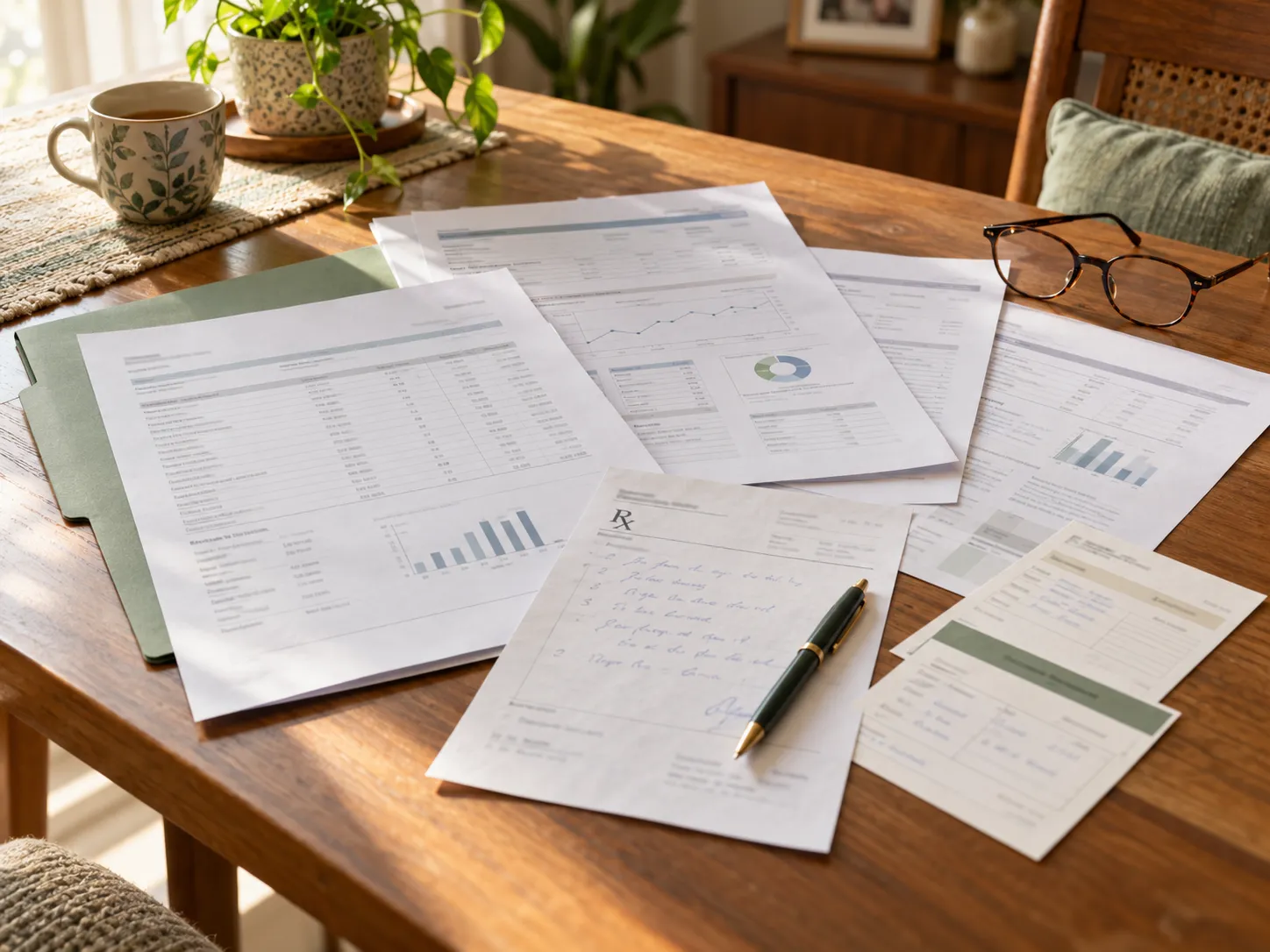 Medical reports arranged across a table