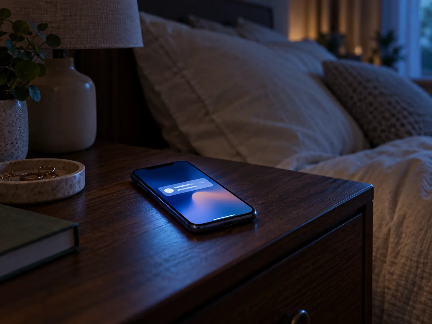 A phone ringing on a bedside table at night