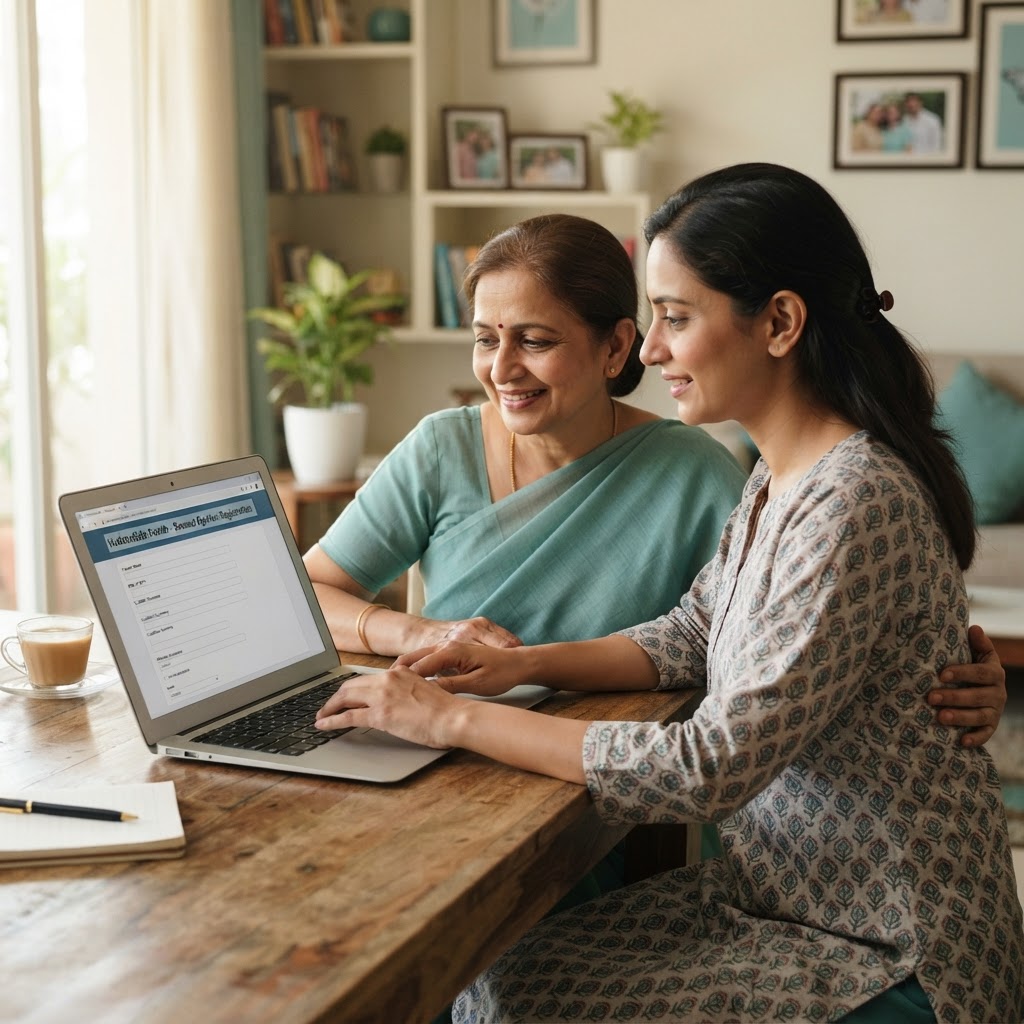 An Indian mother and adult daughter registering for a second opinion at home