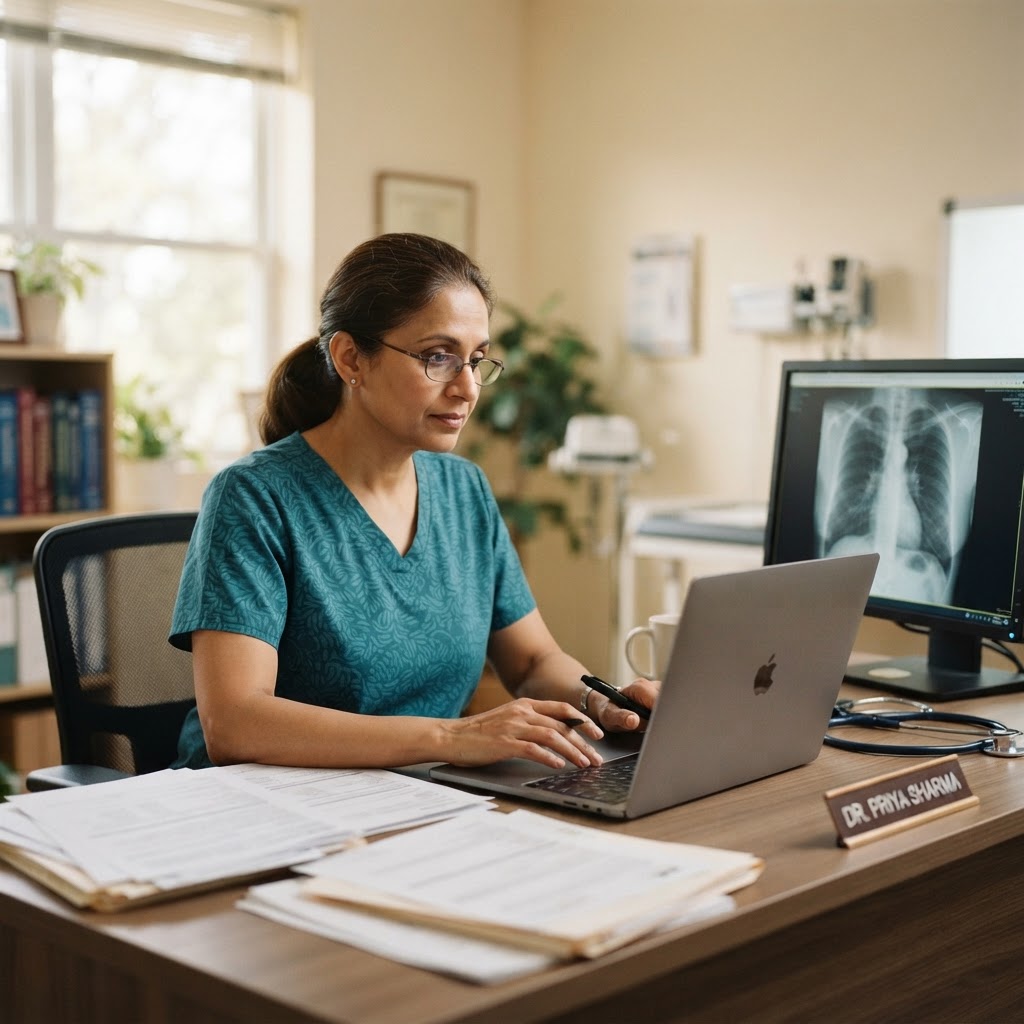 An Indian doctor preparing a case summary from medical records