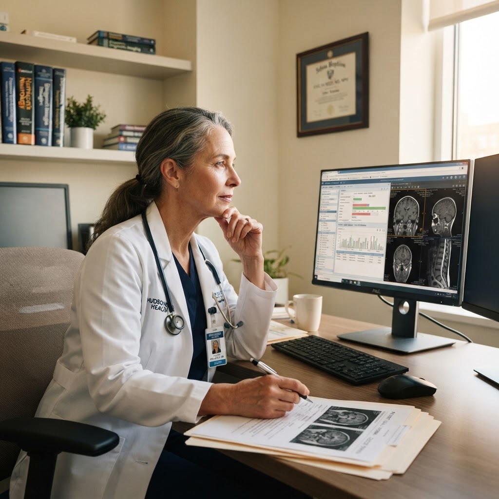 A US specialist reviewing medical scans on a computer