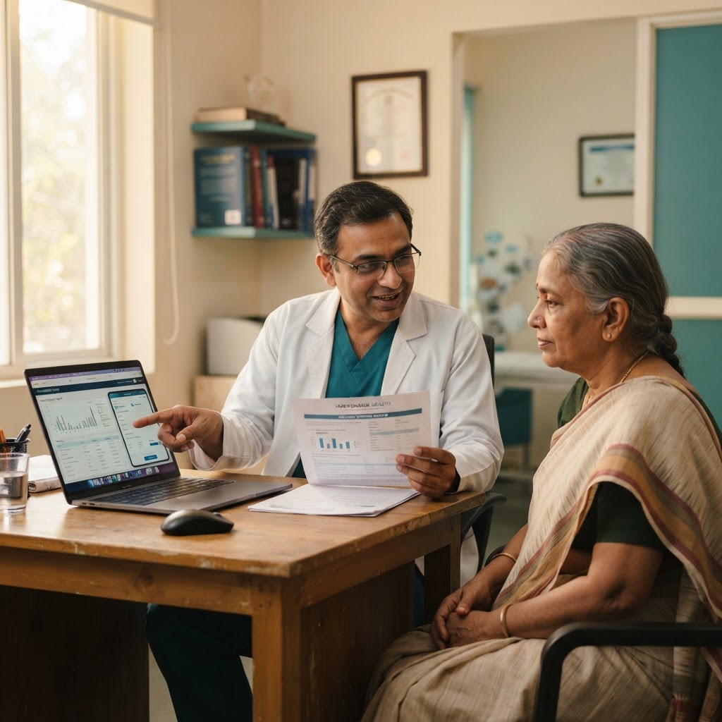 A doctor in India discussing a specialist report with an older woman